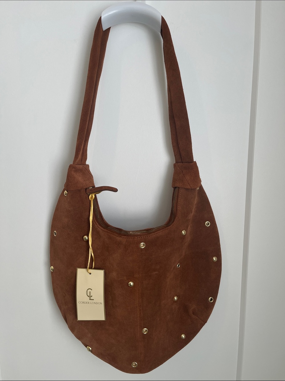NWT Corder London Brown Suede Gold-Studded Shoulder Bag